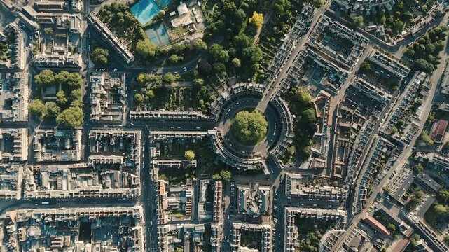 Masonic key pattern of Bath England The Circus homes, aerial top down bird's eye view stationary