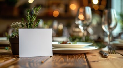 An elegant table setting featuring a blank card, perfect for special occasions, dinners, or weddings.