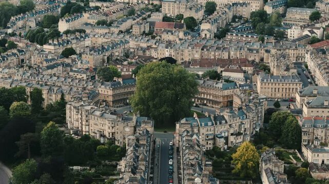 Panoramic aerial establishing view of the historic neighborhood of The Circus, Bath England 
