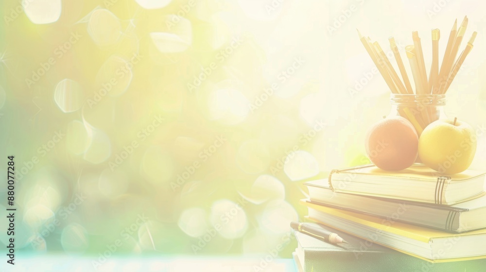 Poster a stack of books with pencils in a jar, accompanied by apples, with soft bokeh lights in the backgro
