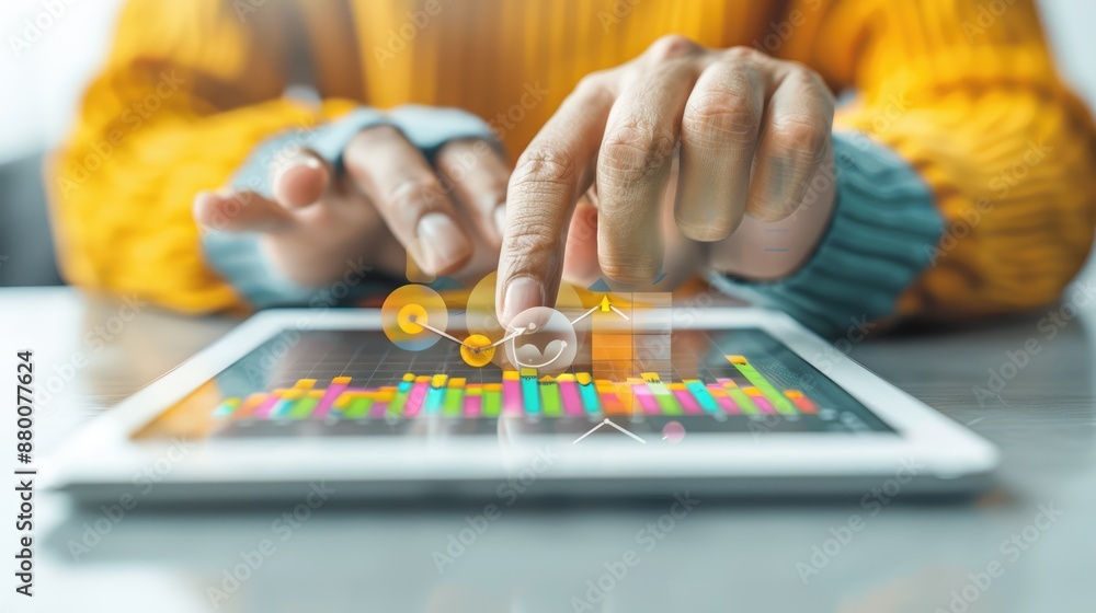Poster analyzing business data on tablet - mobile technology and data analysis concept, generative ai