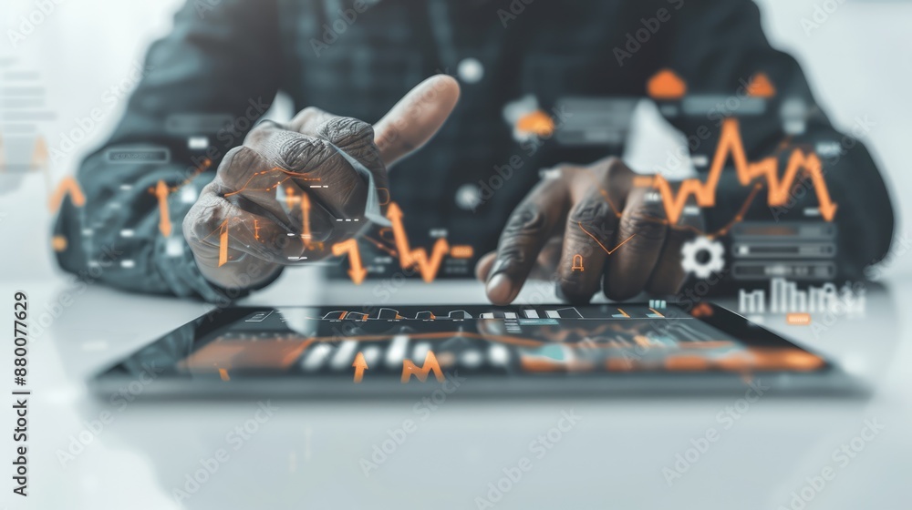 Poster connecting business analytics: hand swiping on tablet for mobile technology data analysis concept, g