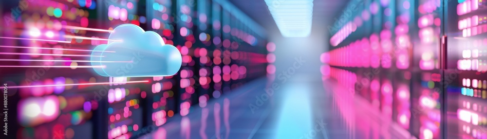 Poster futuristic data center with fast-moving cloud data and vibrant pink and blue lighting, showcasing ad