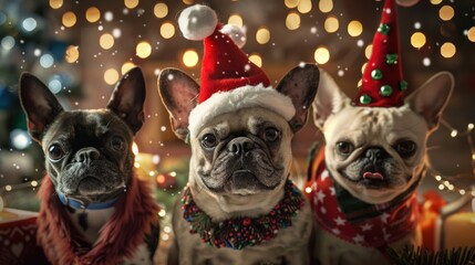 A dogs are wearing Santa hats and standing in front of a Christmas tree. They are all smiling and seem to be enjoying the festive atmosphere