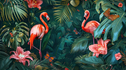beautiful tropical wallpaper with leaves and Flamingo