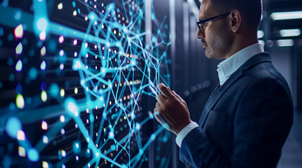 Businessman with virtual cyber security technology and online data protection for security of data storage used by global business network server to secure cyber information