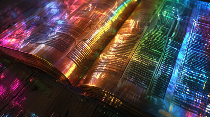 3D Illustration of Bible Translated into Multiple Languages, Glowing with Unique Colors, Concept of Global Communication and Unity