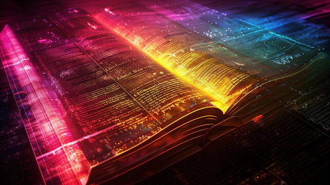 Multilingual Bible in 3D Rendering, Each Language Represented by Vibrant Glowing Colors