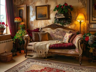 Fototapeta premium Cozy living room with vintage decor and a warm ambiance