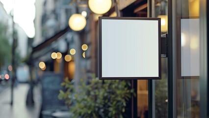 A blank white sign hanging against the blurred background of a cafe or restaurant. Suitable for logo mockup