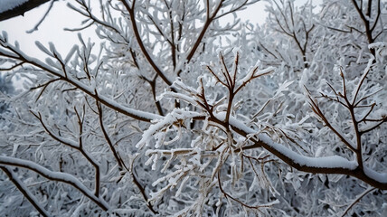 White snow on a bare tree branches on a frosty winter day, close up. Natural background. Selective botanical background. High quality photo.2