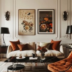 Vintage living room with framed artwork and soft lighting