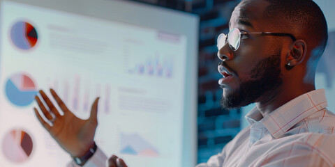 Confident african businessman presenting business strategy with charts and graphs. consulting business concept