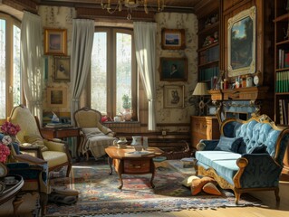 Warmlylit living room with vintage furniture and cozy decor
