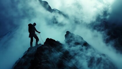 Silhouette of a Climber on a Foggy Mountain Peak