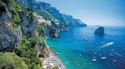 Obraz premium The breathtaking cliffs and turquoise waters of the Amalfi Coast, with charming coastal towns nestled along the shoreline