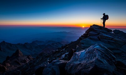 Obraz premium Silhouette of a Hiker at Sunrise on a Mountain Peak