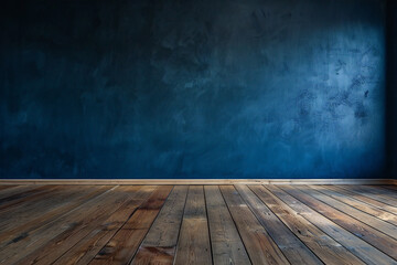 Modern Empty Room with Dark Blue Wall and Wooden Floor for Minimalist Interior Design