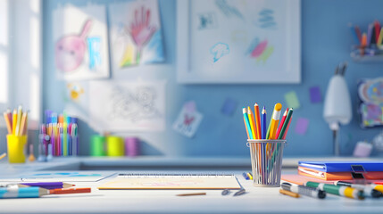 A drawing table with sketchpads pencils, wallpaper
