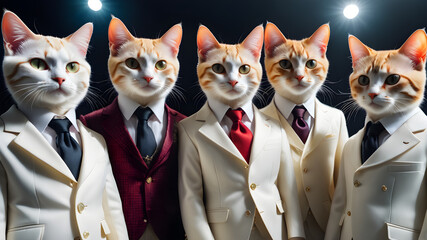 Group of white cats, wearing suits