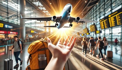 Obraz premium Backpacker Holding Floating 3D Plane at Busy Airport