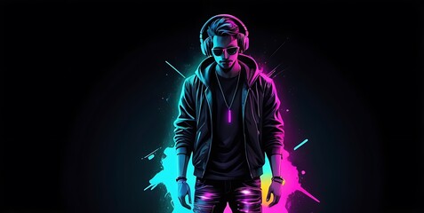 HIPHOP DJ concept, copy space with dark background, neon effect