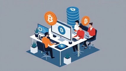 bitcoin cryptocurrency and blockchain technology in flat isometric with group of people working on computer. Digital money currency concept