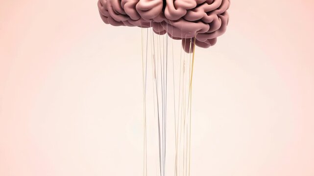 Giant brain floats above tiny figure on pale pink background. Surreal scene depicts cognitive power and mind-body connection. Strings connect brain to figure, suggesting intricate mental links. 