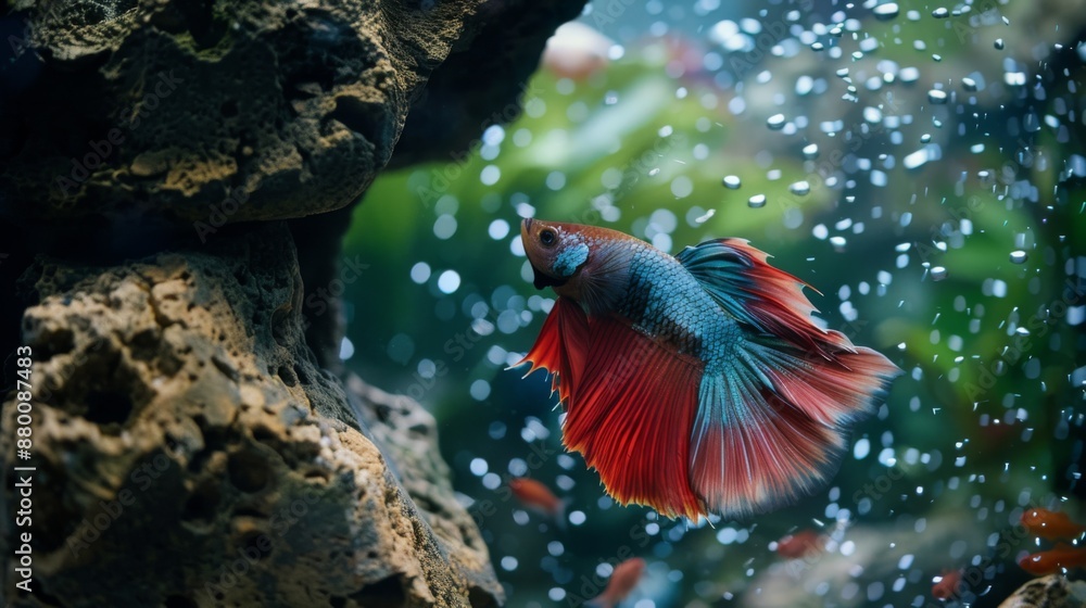 Poster A betta fish exploring a cave structure within its tank, displaying its natural behavior.