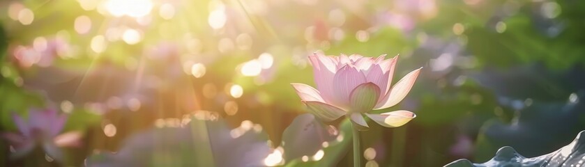 Fototapeta premium Morning sunlight filters through a lotus flower blooming in a tranquil pond, creating a serene and peaceful atmosphere.