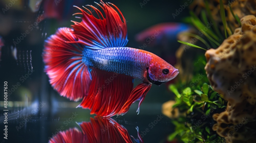 Poster a betta fish flaring its fins aggressively in response to its reflection.