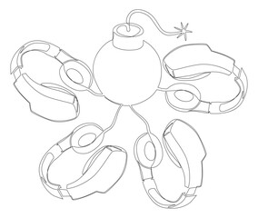 One continuous line of bomb with headphones. Thin Line Illustration vector concept. Contour Drawing Creative ideas.