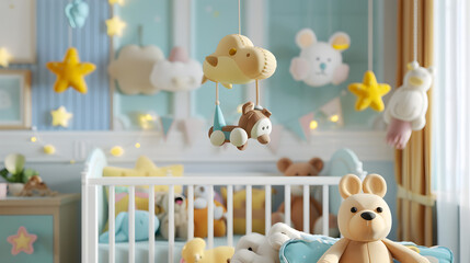 A nursery corner with a crib stuffed animals, wallpaper