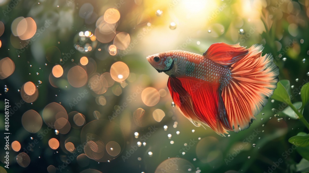 Poster A betta fish in a tranquil setting with blurred bubbles and plants in the background.