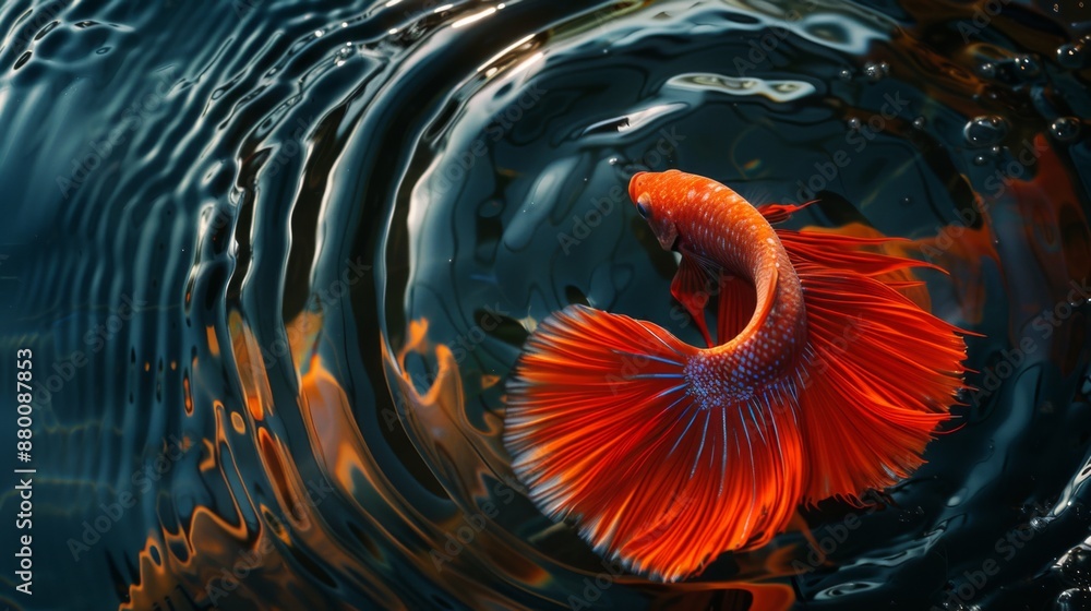 Poster a betta fish in motion, creating ripples in the water with its tail fin.