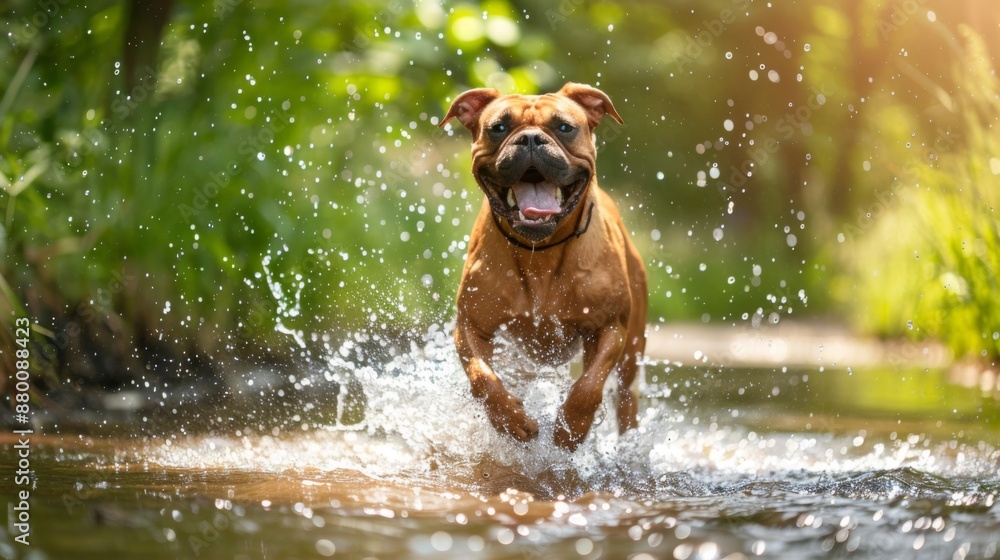 Poster a boxer dog splashing joyfully in a shallow stream of water on a hot summer day.