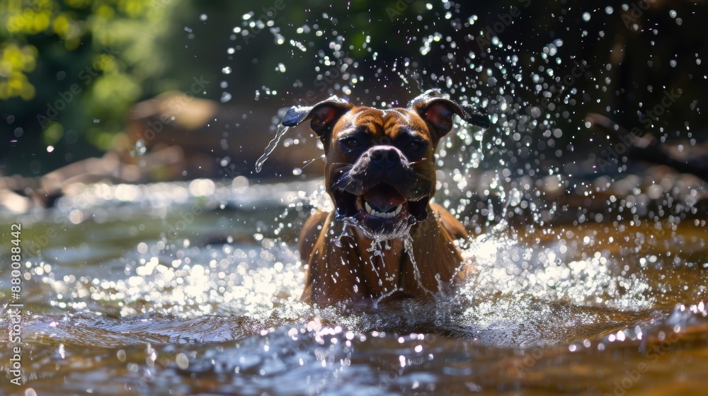 Poster a boxer dog splashing joyfully in a shallow stream of water on a hot summer day.