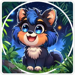  cute happy panda with blue eyes, sticker, space background, circular, galaxy, white borders, white highlights, contrast, vibrant black and white fur