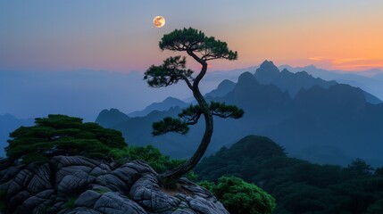 A lone tree on the mountain side with the moon and calm backgroud scenery 