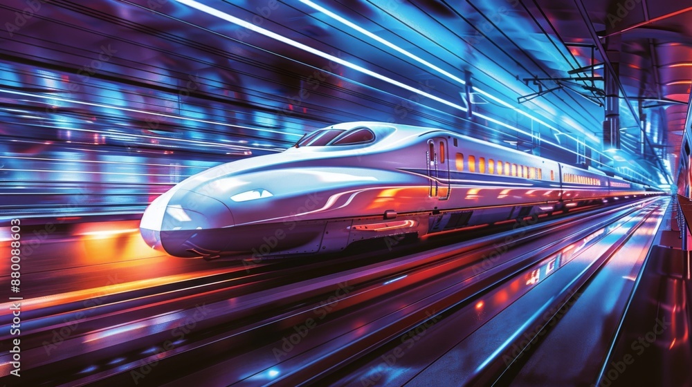 Poster A bullet train departing from a futuristic station platform with sleek design elements.