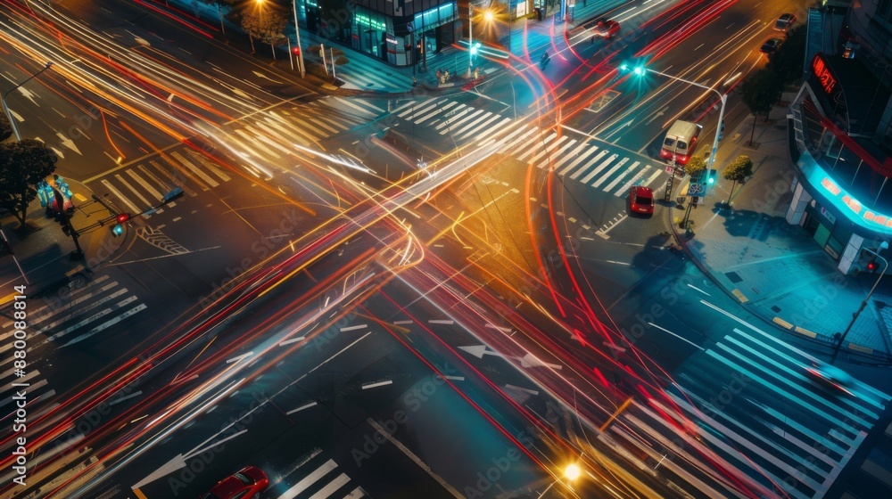 Poster a busy intersection with red and green traffic lights guiding vehicle movement.