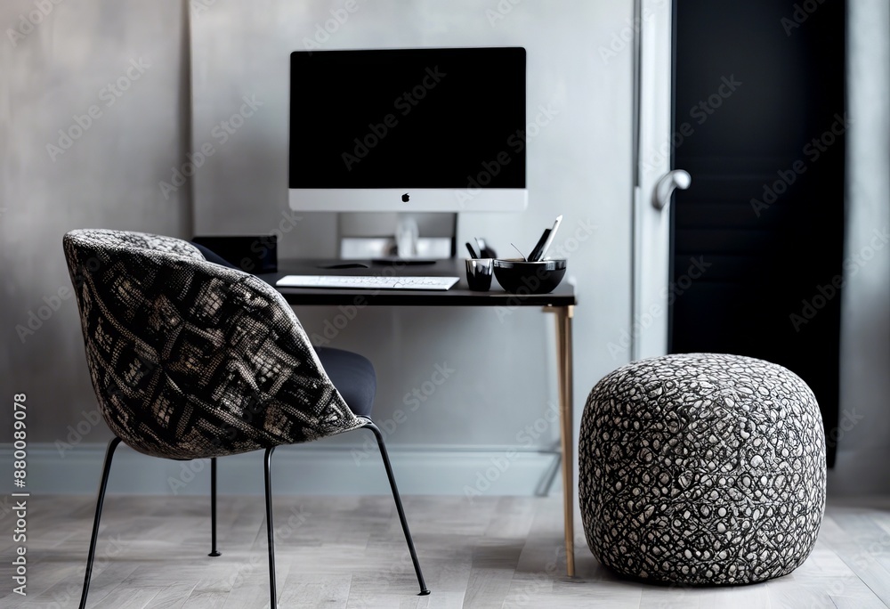 Aufkleber with black patterned chair monitor minimal black interior pouf workspace table chair real workspace 