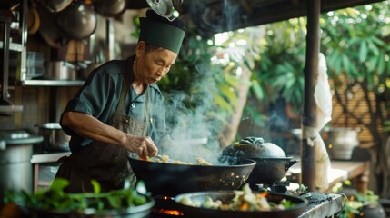 Fototapeta premium A chef cooking traditional Thai green curry in a rustic kitchen setting.