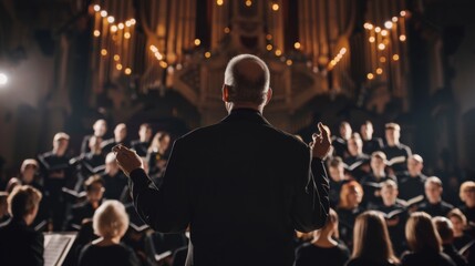 Fototapeta premium A choir conductor leading a group of singers in harmonized melodies during a concert.