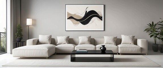 Modern living room with a beige sofa, abstract wall art, coffee table, and indoor plants, ideal for contemporary decor, home staging, and relaxation spaces