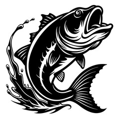 A large bass fish, fish, vector, tattoo, illustration, animal, tribal, sea, black, design