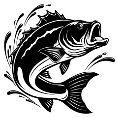 A large bass fish, fish, vector, tattoo, illustration, animal, tribal, sea, black, design