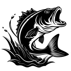 A large bass fish, fish, vector, tattoo, illustration, animal, tribal, sea, black, design