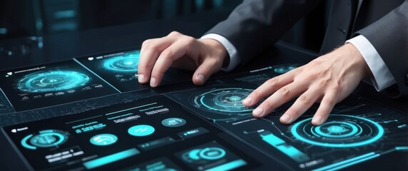 Futuristic digital touch screen interface utilized by professional hands, showcasing innovation, data analysis, and high tech business solutions