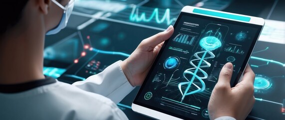 A healthcare professional utilizes a futuristic digital tablet displaying holographic medical data, symbolizing technological advancements in medical research